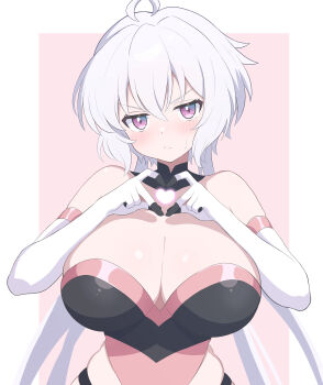 1girl absurdres ahoge blush breasts cleavage closed_mouth elbow_gloves embarrassed gloves gmkz_kawaii hair_between_eyes heart heart_hands highres large_breasts long_hair looking_at_viewer purple_eyes senki_zesshou_symphogear solo sweat undersuit upper_body very_long_hair white_gloves white_hair yukine_chris
