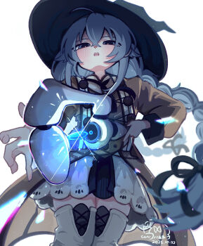 1girl ahoge black_bow blue_hair boots bow braid casting_spell coat from_below hair_between_eyes hat highres looking_at_viewer mage_staff mushoku_tensei open_hand open_mouth outstretched_arm roxy_migurdia staff thigh_boots thighhighs tori2_desi twin_braids white_background witch_hat zettai_ryouiki