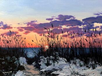 beach cloud commentary english_commentary evening gradient_sky highres horizon kate_avery no_humans ocean oil_painting_(medium) original outdoors painting_(medium) reeds scenery sky snow sun sunset traditional_media