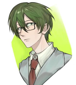 Rule 34 | 1boy, 49neb, black-framed eyewear, chinese commentary, closed mouth, collared shirt, commentary request, cropped torso, glasses, green eyes, green hair, grey jacket, hair between eyes, highres, jacket, lapels, male focus, necktie, otowa rui (saibou shinkyoku), red necktie, saibou shinkyoku, sanpaku, semi-rimless eyewear, shirt, short hair, solo, variant set, white shirt