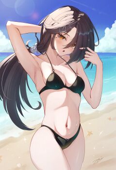 1girl :o alternate_eye_color arm_behind_head azur_lane beach bikini black_bikini black_hair bow bow_bikini breasts brown_hair cassin_(azur_lane) commentary commission day english_commentary groin hair_ornament hair_over_one_eye hair_tie hairclip hand_up highres hip_focus long_hair navel ocean orange_eyes outdoors ponytail ropi_(yyuichi29) skeb_commission small_breasts solo standing stomach swimsuit thighs very_long_hair wet x_hair_ornament