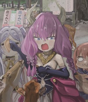 Rule 34 | 3girls, absurdres, aura (sousou no frieren), black dress, black gloves, blank eyes, blue eyes, blue sailor collar, blue skirt, capelet, deer, deer cracker, demon horns, dress, drooling, elbow gloves, feeding animal, food, frieren, gloves, gold choker, grey hair, hair between eyes, highres, hikimayu, holding, holding food, horns, looking at another, mouth drool, multiple girls, naaga sonomono, orange hair, outdoors, park, parted bangs, purple hair, red capelet, sailor collar, school uniform, serafuku, shikanoko noko, shikanoko nokonoko koshitantan, shirt, sign, skirt, sousou no frieren, sweat, upper body, wavy mouth, white shirt
