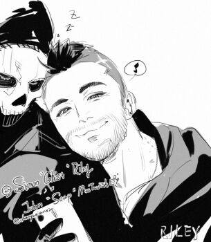 Rule 34 | 2boys, call of duty, call of duty: modern warfare 2, cellphone, chanyuqianxin, commentary, english text, facial hair, ghost (modern warfare 2), head on another's shoulder, holding, holding phone, hood, hood down, hoodie, male focus, mask, mohawk, multiple boys, musical note, phone, short hair, simple background, skull mask, sleeping, smile, soap (modern warfare 2), speech bubble, untranslatable commentary, upper body, white background, zzz