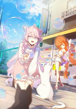 2girls absurdres ahoge air_bubble aiwo_o_lite blue_eyes blue_sky bubble cat commentary commentary_request crop_top day denia_(wuthering_waves) english_commentary guest_art highres kneeling large_hat long_sleeves looking_at_viewer mixed-language_commentary multiple_girls open_mouth orange_hair outdoors pink_hair pink_skirt shirt shorts sigrika_(wuthering_waves) skirt sky smile vending_machine white_shirt white_shorts wuthering_waves