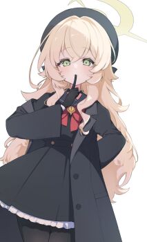 1girl arm_behind_back beret black_coat black_gloves black_hat black_pantyhose black_sailor_collar blonde_hair blue_archive coat commentary_request finger_to_mouth gloves green_eyes hair_between_eyes halo hat highres long_hair long_sleeves looking_at_viewer pantyhose professor_niyaniya_(blue_archive) sailor_collar shushing simple_background smile tonikaku_kaku white_background yellow_halo