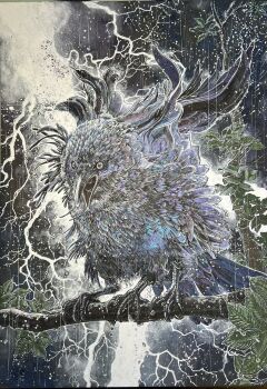 animal_focus bird commentary_request crow extra_legs full_body highres honjo_kei leaf lightning night no_humans on_branch open_mouth original outdoors rain signature solo traditional_media water_drop yatagarasu
