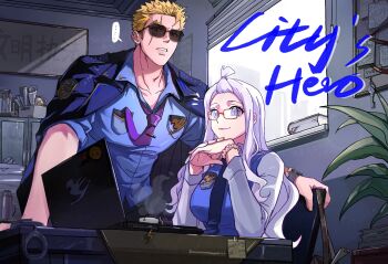 ... 1boy 1girl bag black_pants black_shoes black_skirt blonde_hair blue_shirt blue_vest book breasts bulletin_board city computer cuffs dress fairy_tail frown glasses handcuffs happy highres holding holding_unworn_clothes holding_unworn_jacket interlocked_fingers jacket key laptop laxus_dreyar long_hair medium_breasts mirajane_strauss office own_hands_together pants plant police police_uniform potted_plant scar scar_on_face shirt shoes shoulder_bag skirt smile spiked_hair spoken_ellipsis sunglasses table thermos topknot unworn_jacket vest white_hair white_shirt window youjun_zzz