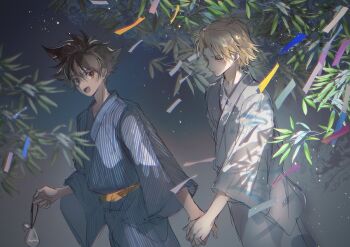 Rule 34 | 2boys, absurdres, bamboo, bamboo leaf, blonde hair, blue eyes, blue kimono, blush, brown eyes, brown hair, digimon, digimon adventure, digimon adventure 02, highres, holding hands, ishida yamato, japanese clothes, kimono, kinchaku, looking at another, looking to the side, male focus, multiple boys, obi, pouch, sash, sky, spiked hair, star (sky), starry sky, striped clothes, szr 02, tanabata, tanzaku, white kimono, yagami taichi, yaoi, yukata