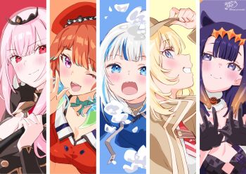 5girls air_bubble artist_name black_gloves black_tiara blonde_hair blue_eyes breasts bubble coat fur_collar gawr_gura gawr_gura_(1st_costume) gloves hat highres holding holding_scythe holding_weapon hololive hololive_english holomyth kamiya_maneki large_breasts light_smile mori_calliope mori_calliope_(1st_costume) multicolored_hair multiple_girls necktie ninomae_ina&#039;nis ninomae_ina&#039;nis_(1st_costume) one_eye_closed orange_hair pink_eyes pink_hair profile purple_eyes purple_hair red_eyes scythe sharp_teeth signature takanashi_kiara takanashi_kiara_(1st_costume) teeth tiara virtual_youtuber watson_amelia watson_amelia_(1st_costume) weapon white_hair