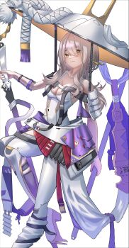 1girl armor bodysuit breasts cleavage closed_mouth clothing_cutout goddess_of_victory:_nikke grey_hair hat highres holding holding_weapon japanese_armor jingasa kote large_hat leotard long_hair medium_breasts scarlet_(nikke) shoulder_armor smile sode solo standing sword type09_sachi weapon white_bodysuit white_leotard yellow_eyes