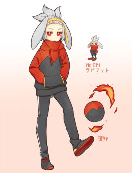 1boy animal_ears aona_(noraneko) ball character_name frown gen_8_pokemon grey_hair hair_pulled_back hands_in_pockets headband high_collar hood hoodie humanization jitome kicking looking_at_viewer male_focus nintendo pokedex_number pokemon rabbit_ears rabbit_tail raboot red_eyes shoes sneakers solo tail tri_tails v-shaped_eyebrows