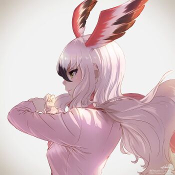 10s 1girl black_hair commentary_request female_focus greater_flamingo_(kemono_friends) hair_between_eyes hands_up head_wings heart heart_hands highres kemono_friends long_hair long_sleeves multicolored_hair pink_scarf profile scarf shirt signature simple_background smile solo takami_masahiro twitter_username two-tone_hair upper_body v-shaped_eyebrows watermark web_address white_background white_hair white_shirt wings yellow_eyes