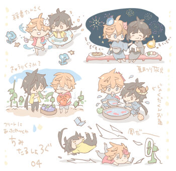 Rule 34 | 004s 4, 2boys, alternate costume, alternate hairstyle, chibi, fan, fireworks, food, genshin impact, image sample, japanese clothes, japanese text, kimono, multiple boys, onigiri, pixiv, pixiv sample, summer, tartaglia (genshin impact), white background, yukata, zhongli (genshin impact)