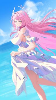 1girl absurdres bare_shoulders breasts cyrene_(honkai:_star_rail) cyrene_(ripples_of_past_reverie)_(honkai:_star_rail) detached_sleeves dress highres honkai:_star_rail honkai_(series) large_breasts long_hair looking_at_viewer pink_eyes pink_hair sideboob solo water white_dress wounded_shaymin