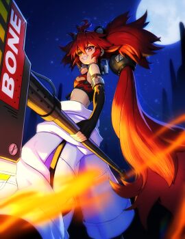 1girl absurdres ahoge animal_ears bare_shoulders bear_ears black_gloves breasts clip_studio_paint_(medium) commentary crop_top english_commentary eyepatch fake_animal_ears fingerless_gloves gloves hair_between_eyes hair_ornament highres holding koleda_belobog long_hair looking_at_viewer midriff mihoyo minimalaifu navel pants red_eyes red_hair solo sphere_hair_ornament tomboy twintails zenless_zone_zero