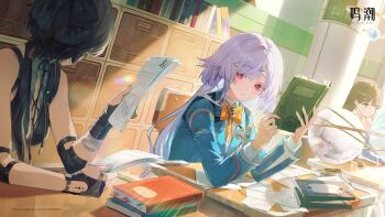 3girls absurdres aqua_jacket bare_shoulders black_bow black_gloves book book_stack bow bowtie breasts classroom colored_eyelashes elbow_pads female_rover_(wuthering_waves) gloves grey_hair hair_bow highres holding holding_book holding_paper indoors jacket logo long_hair long_sleeves looking_at_viewer medium_breasts mornye_(wuthering_waves) multiple_girls official_art orange_bow orange_bowtie paper parted_lips partially_fingerless_gloves red_eyes rover_(wuthering_waves) tacet_mark_(wuthering_waves) wuthering_waves