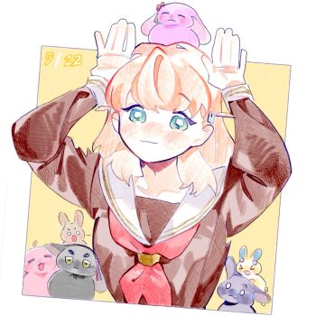 >_< 0_0 1girl :3 :d =_= ^_^ ahoge animalization anyoji_hime aqua_eyes arms_up black_rabbit_(animal) blush border breasts brown_dress brown_rabbit closed_eyes closed_mouth commentary dated dress flower green_eyes hair_flower hair_ornament hashtag-only_commentary hasu_no_sora_school_uniform highres hinoshita_kaho kachimachi_kosuzu link!_like!_love_live! long_sleeves looking_at_viewer lop_rabbit love_live! medium_breasts medium_hair momose_ginko murano_sayaka neckerchief nose_blush o_o open_mouth orange_hair osawa_rurino otomune_kozue outside_border pink_flower pipi_(m1x_mix) rabbit rabbit_hair_ornament rabbit_pose red_flower red_neckerchief sailor_collar sailor_dress school_uniform short_eyebrows simple_background smile tassel tassel_hair_ornament too_many too_many_rabbits two_side_up upper_body v-shaped_eyebrows virtual_youtuber white_border white_sailor_collar winter_uniform x3 xd yellow_background