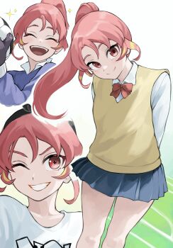 1girl absurdres blue_skirt blush bow bowtie breasts closed_eyes closed_mouth collared_shirt commentary_request fengling_(furin-jp) gloves hat highres inazuma_eleven_(series) inazuma_eleven_victory_road long_hair long_sleeves looking_at_viewer multicolored_hair one_eye_closed open_mouth pink_bow pink_bowtie pink_eyes pink_hair ponytail purple_sweater red_eyes red_hair shinohara_raika shirt skirt smile sparkle sweater white_shirt yellow_sweater