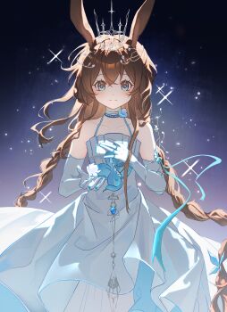 1girl absurdres alternate_costume amiya_(ambience_synesthesia_2025)_(arknights) amiya_(arknights) animal_ears arknights bare_shoulders blue_choker blue_eyes blush braid brown_hair chinese_commentary choker closed_mouth collarbone commentary_request dress elbow_gloves gloves hair_between_eyes highres jewelry long_hair looking_at_viewer rabbit_ears rabbit_girl ring sleeveless sleeveless_dress smile solo tiara tonggu_ali twin_braids very_long_hair white_dress white_gloves