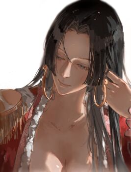 1girl black_hair blue_eyes boa_hancock breasts cleavage closed_mouth earrings epaulettes eyelashes glint gusoyugo head_rest highres jewelry long_hair looking_to_the_side one_piece sidelocks simple_background smile snake_earrings solo upper_body white_background