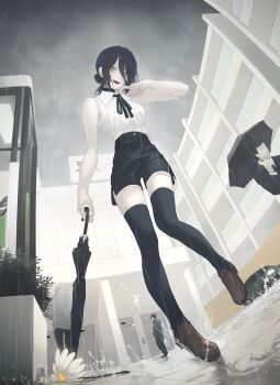 1girl 1other 2boys absurdres black_choker black_hair black_shorts black_thighhighs brown_shoes building chainsaw_man choker collared_shirt flower green_eyes hair_between_eyes hair_bun highres holding holding_umbrella meherora multiple_boys open_mouth overcast phone_booth rain reze_(chainsaw_man) shirt shoes shorts sky sleeveless sleeveless_shirt standing thighhighs umbrella white_flower white_shirt