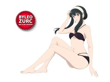 1girl barefoot black_hair blush bra breasts feet leozurcxxx panties red_eyes spy_x_family swimsuit transparent_background underwear yor_briar