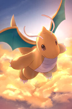 above_clouds brown_eyes claws closed_mouth cloud commentary_request dragonite flying gen_1_pokemon highres nintendo no_humans outdoors pokemon pokemon_(creature) pokemon_focus rumine_(yoshi1234567) smile solo