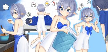 ! ... 1boy 1girl absurdres anger_vein annoyed apron bare_arms bare_legs bare_shoulders barefoot basher bed black_hair blue_apron blue_bow blue_eyes blue_shirt boros_(ouro_kronii) bow chest_bow collarbone commentary cooking cooking_pot crossdressing dolphin_shorts dress english_commentary grey_hair grey_shorts hair_between_eyes hair_intakes hand_on_own_hip highres hololive hololive_english index_finger_raised laundry_basket multiple_views no_tail ouro_kronii personification pointy_ears saucer shirt short_hair short_sleeves shorts sleeping sleeveless sleeveless_dress spoken_anger_vein spoken_ellipsis spoken_exclamation_mark spoken_squiggle spoken_sweatdrop spoken_zzz squiggle stove sundress sweatdrop trap virtual_youtuber white_dress zzz