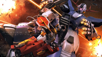 3d arm_cannon battle cable duel earth_federation_space_forces energy energy_beam energy_cannon english_text explosion finger_cannon glowing glowing_eye gundam gundam_msv highres machinery mecha mecha_focus mobile_suit no_humans perfect_gundam perfect_zeong realistic robot s.hasegawa science_fiction size_difference space thrusters v-fin vernier_thrusters weapon zeon