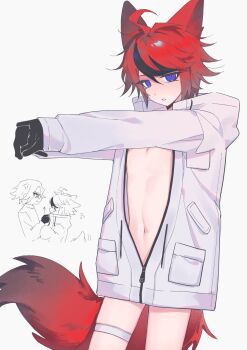 2boys absurdres ahoge androgynous animal_ears aotsuki_eito black_gloves black_streaks blue_eyes borrowed_clothes commentary_request cowboy_shot fox_boy fox_ears fox_tail gloves highres jacket looking_at_viewer male_focus mercury_403 multiple_boys navel parted_lips partially_unzipped red_hair solo_focus sumino_takumi tail the_hundred_line_-last_defense_academy- thigh_strap white_jacket