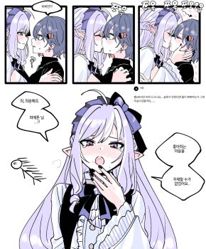 2girls :o ^_^ after_kiss ahoge aroused arrow_(symbol) belle_(zenless_zone_zero) black_nails black_sweater blue_hair blush bob_cut bow bow_hairband braid buttons center_frills closed_eyes closed_mouth couple drill_hair drill_sidelocks drooling earrings eye_contact face-to-face fingernails french_kiss frilled_hairband frills furrowed_brow gloom_(expression) green_eyes hair_ornament hairband half_up_braid hand_on_another's_shoulder hand_on_own_chin hand_up heart heart_background highres jewelry kiss korean_text letter_hair_ornament lipstick lolita_hairband long_hair long_sidelocks long_sleeves looking_at_another looking_at_viewer loving_aura makeup mole mole_under_eye multicolored_eyes multicolored_hair multiple_girls nail_polish nose_blush open_mouth pointy_ears profile purple_bow purple_eyes purple_hair purple_hairband red_eyes request_inset saliva sequential short_hair sidelocks sierit simple_background slit_pupils smeared_lipstick sound_effects speech_bubble spin-spin_(site) stick_figure streaked_hair surprise_kiss surprised sweatdrop sweater tears translation_request tsurime turtleneck turtleneck_sweater two-tone_eyes vivian_banshee wavy_mouth white_background white_streaks wide-eyed wide_sleeves yuri zenless_zone_zero