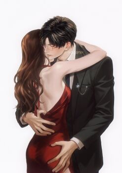 arms_around_neck backless_dress backless_outfit black_hair black_suit brown_hair commentary dress english_commentary formal_clothes glasses grabbing_another&#039;s_ass grey-framed_eyewear groping highres love_and_deepspace red_dress suit zakuro_ry zayne_(love_and_deepspace)