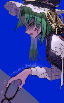 1girl absurdres asymmetrical_hair blue_background blue_vest dated epaulettes flower forceps frilled_hat frills from_side green_hair hair_bobbles hair_ornament hat hat_ribbon highres holding_pliers ichirugi pliers ribbon ribbon-trimmed_skirt ribbon_trim rod_of_remorse shaded_face shiki_eiki sleeve_bow smile solo spider_lily touhou twitter_username two_side_up vest