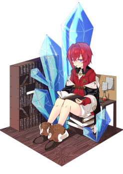 Rule 34 | 1girl, ange katrina, ange katrina (1st costume), ankle boots, black coat, blue eyes, book, book stack, bookshelf, boots, brown boots, cardigan, closed mouth, coat, collared dress, commentary, crossed bangs, crystal, desk, diorama, dress, flask, full body, hair between eyes, hair intakes, highres, holding, holding book, holding pencil, irodori drawpic, knees up, looking at viewer, medium hair, mouth hold, nijisanji, off shoulder, open book, pencil, red cardigan, red hair, round-bottom flask, short dress, simple background, sitting, sitting on books, sleeves past wrists, smile, solo, translation request, virtual youtuber, white background, white dress, wooden floor