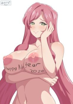 1girl 2026 absurdres blush body_writing breasts collarbone commentary completely_nude english_commentary green_eyes hanazono_hahari happy_new_year highres kimi_no_koto_ga_dai_dai_dai_dai_daisuki_na_100-nin_no_kanojo large_breasts long_hair looking_at_viewer mature_female mole mole_under_eye navel new_year nipples nude oxicmar pink_hair simple_background smile solo standing twitter_username upper_body very_long_hair white_background