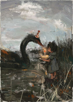 1girl absurdres animal animal_ears bird birthday_cake black_cat black_swan_(bird) cake candle cat cat_ears cat_girl child ciel_(paradis47) cloud cloudy_sky dress flower food grass hat highres holding holding_food impasto jitome looking_at_animal original outdoors oversized_animal painting_(medium) party_hat pond sky solo swan traditional_media