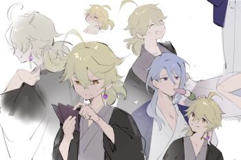 2boys aether_(genshin_impact) ahoge alternate_costume alternate_hairstyle back_bow belt black_haori blonde_hair blue_hair blush bow brown_eyes card chinese_commentary closed_eyes closed_mouth commentary_request dango earrings eating food from_behind genshin_impact grey_kimono hair_between_eyes hair_bun hand_up hands_up haori highres holding holding_card holding_skewer huge_ahoge japanese_clothes jewelry judyfang5 kamisato_ayato kimono long_hair long_hair_between_eyes long_sleeves looking_at_another looking_at_object low_ponytail male_focus multiple_boys multiple_views open_clothes open_mouth playing_card ponytail purple_bow purple_eyes purple_haori short_hair simple_background single_earring sitting skewer smile standing sweatdrop topless_male upper_body v-shaped_eyebrows wagashi white_background white_belt white_kimono wide_sleeves