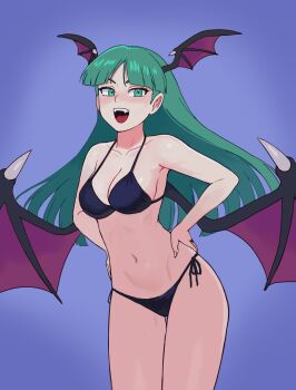 Rule 34 | 1girl, absurdres, aqua eyes, aqua hair, bat wings, bikini, black bikini, blue background, breasts, collarbone, commentary, darkstalkers, demon girl, english commentary, fangs, halterneck, head wings, highres, long hair, morrigan aensland, navel, open mouth, side-tie bikini bottom, simple background, solo, swimsuit, teeth, upper teeth only, watcher hollow, wings