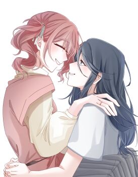 2girls between_legs black_hair closed_eyes commentary grey_eyes grey_pants hand_on_another&#039;s_shoulder highres hoshino_ichika_(project_sekai) jewelry long_hair mochizuki_honami multiple_girls pants parted_lips pink_hair pink_shirt project_sekai ring shirt side_ponytail simple_background smile wedding_ring white_background white_shirt wife_and_wife yellow_shirt yunmuhh