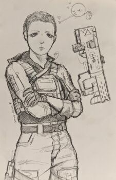 1girl absurdres belt closed_mouth commentary cowboy_shot crossed_arms doodle_inset english_commentary eyelashes gloves greyscale heart highres lips long_sleeves monochrome moth_factory oishi_yugi pants short_hair signature simple_background sketch solo tactical_clothes the_pool traditional_media very_short_hair watch weapon white_background wristwatch