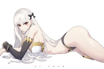 1girl arm_warmers artist_name ass asymmetrical_sleeves bare_shoulders breasts cleavage closed_mouth commentary cosplay cowboy_shot detached_sleeves earrings elbow_gloves english_commentary fate/grand_order fate/strange_fake fate_(series) fillia_(fate) gloves highres hoop_earrings ishtar_(fate) ishtar_(fate)_(cosplay) jewelry long_hair looking_at_viewer lying medium_breasts midriff on_stomach one_side_up red_eyes shiny_skin simple_background single_arm_warmer single_detached_sleeve single_elbow_glove single_sleeve single_thighhigh smile solo suhyeon thighhighs uneven_sleeves very_long_hair white_background white_hair