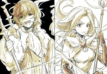 1boy 1girl black_background clenched_teeth coat gloves hair_between_eyes hashtag-only_commentary highres holding holding_staff holding_weapon i70936976 long_hair mattias_(octopath_traveler) monochrome octopath_traveler octopath_traveler_i open_mouth ophilia_(octopath_traveler) ophilia_clement smile smug spoilers staff teeth v-shaped_eyebrows wavy_hair weapon