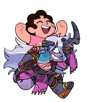 1boy 1girl alternate_costume amethyst_(steven_universe) chest_jewel child closed_eyes colored_skin discount-supervillain gem gem_(steven_universe) hair_over_one_eye highres long_hair plump purple_gemstone purple_skin short_hair smile steven_quartz_universe steven_universe