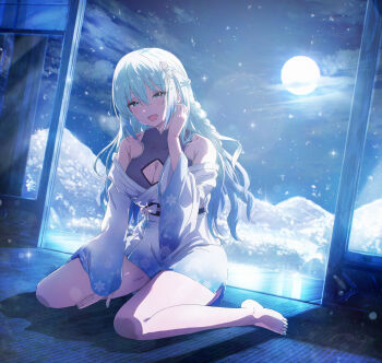 1girl :d between_legs blue_eyes blue_sky braid breasts cleavage cleavage_cutout clothing_cutout cloud commentary_request full_moon grey_hair grey_nails hair_between_eyes half-closed_eyes hand_between_legs highres indoors japanese_clothes kimono long_hair long_sleeves looking_at_viewer misaki_nonaka moon mountain nail_polish night night_sky obi off_shoulder open_mouth original sash sitting sky smile solo toenail_polish toenails very_long_hair wariza white_kimono wide_sleeves