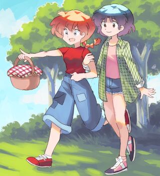2girls :d aquanut blue_hair blue_sky braid brown_eyes commentary day denim denim_shorts full_body hashtag-only_commentary locked_arms loose_pants multiple_girls on_grass open_mouth outdoors pink_shirt pink_shoes ranma-chan ranma_1/2 red_hair red_shirt red_shoes shirt shoes short_hair shorts single_braid sky smile sneakers tendou_akane tree yuri