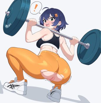 ! 1girl absurdres accidental_exposure ahoge ass barbell bare_shoulders belle_(zenless_zone_zero) black_sports_bra blue_hair blush breasts earrings exercising from_behind hair_between_eyes hair_ornament highres holding jewelry looking_back maidcousin medium_breasts motion_lines open_mouth orange_pants pants pussy shoes sneakers solo speech_bubble spoken_exclamation_mark sports_bra squatting torn_clothes torn_pants uncensored wardrobe_malfunction weightlifting white_shoes yoga_pants zenless_zone_zero