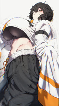 1girl abs absurdres bags_under_eyes black_hair black_pants breasts commentary_request from_below hair_over_one_eye highres hip_bones hood hoodie huge_breasts looking_at_viewer midriff navel one_eye_covered original pants sawtatsu shirt_overhang short_hair simple_background sleeves_past_fingers sleeves_past_wrists solo stomach tomboy white_background white_hoodie