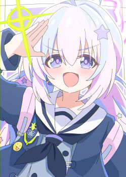 1girl ahoge bag black_jacket black_neckerchief blue_archive dot_nose grey_shirt hair_ornament halo hand_to_head highres jacket looking_at_viewer neckerchief open_clothes open_jacket open_mouth pink_hair pink_halo pink_pupils purple_eyes purple_hair reisa_(blue_archive) sailor_collar school_bag shimotsukiya shirt solo sparkle star_(symbol) star_hair_ornament upper_body white_sailor_collar