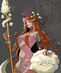 Rule 34 | 1girl, aphrodite (hades), breasts, cloud, cosplay, curvy, earrings, female focus, functionally nude, hades (series), hades 2, heart, iury padilha, jewelry, large breasts, long hair, looking at viewer, matching hair/eyes, nail polish, nami (one piece), navel, one piece, orange eyes, orange hair, solo, staff, thick thighs, thighhighs, thighs, zeus (one piece)
