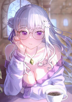 1girl absurdres arm_support artist_name blurry blurry_background blush braid breasts chandelier cleavage coffee collarbone crown_braid elf emilia_(re:zero) flower glasses hair_blowing hair_flower hair_ornament hair_ribbon highres indoors jewelry justjast long_hair looking_to_the_side loose_clothes loose_shirt medium_breasts necklace off-shoulder_sweater off_shoulder plant pointy_ears pout purple_eyes re:zero_kara_hajimeru_isekai_seikatsu ribbon round_eyewear shirt sitting solo straight_bangs sweater twitter_username upper_body white_hair white_shirt window x_hair_ornament